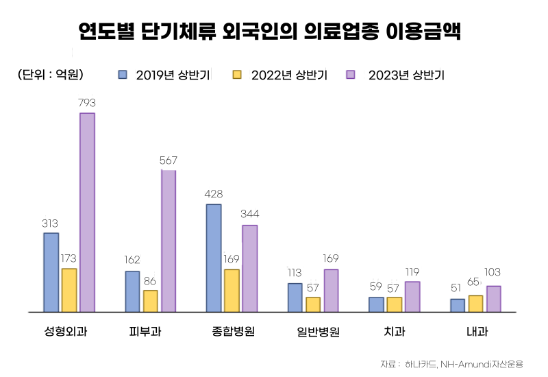 연도별 단기체류 외국인의 의료업종 이용금액 (단위 : 억원) ㅣ 2019년 상반기 ㅣ 성형외과 : 313, 피부과 : 162, 종합병원 : 428, 일반병원 : 113, 치과 : 59, 내과 : 51 / 2022년 상반기 ㅣ 성형외과 : 173, 피부과 : 86, 종합병원 : 169, 일반병원 : 57, 치과 : 57, 내과 : 65 / 2023년 상반기 ㅣ 성형외과 : 793, 피부과 : 567, 종합병원 : 344, 일반병원 : 169, 치과 : 119, 내과 : 103 / 자료 : 하나카드, NH-Amundi자산운용