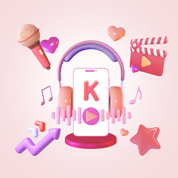 이미지는 K-콘텐츠와 음악을 주제로 한 3D 스타일 그래픽 디자인으로, 중앙에 헤드폰을 착용한 스마트폰과 다양한 아이콘(마이크, 음표, 하트 등)이 배치되어 있습니다. 배경은 연한 핑크색으로, 콘텐츠의 즐거움과 사랑스러운 분위기를 전달합니다.